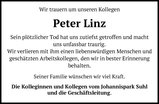 Traueranzeige von Peter Linz von Südthüringer Presse