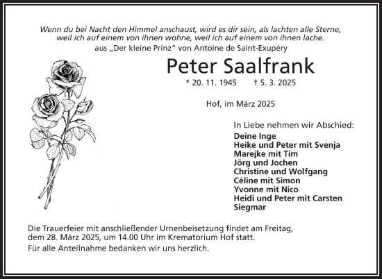 Traueranzeige von Peter Saalfrank von Frankenpost