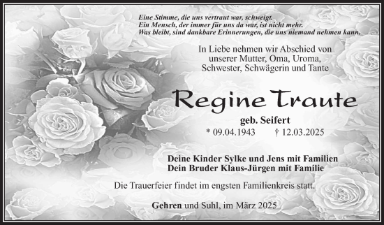 Traueranzeige von Regine Traute von Südthüringer Presse