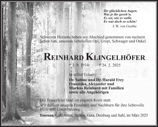Traueranzeige von Reinhard Klingelhöfer von Südthüringer Presse