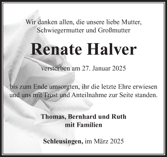 Traueranzeige von Renate Halver von Südthüringer Presse