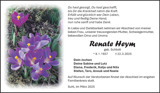 Traueranzeige von Renate Heym von Südthüringer Presse