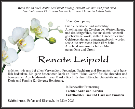 Traueranzeige von Renate Leipold von Südthüringer Presse