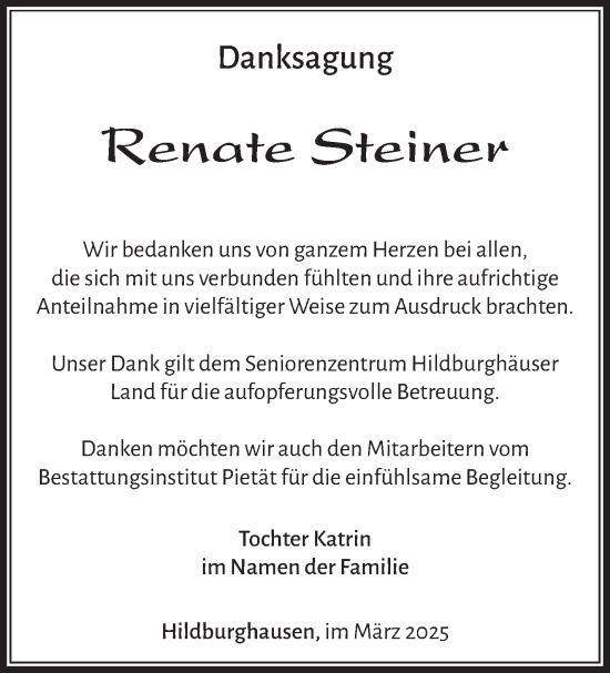 Traueranzeige von Renate Steiner von Südthüringer Presse