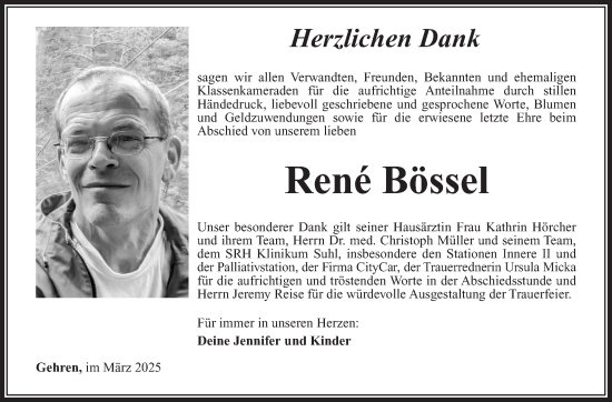Traueranzeige von Rene Bössel von Südthüringer Presse