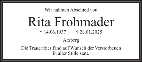 Traueranzeige von Rita Frohmader von Frankenpost