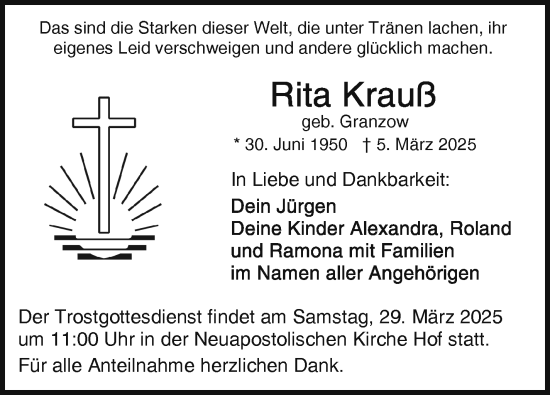 Traueranzeige von Rita Krauß von Frankenpost