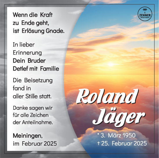 Traueranzeige von Roland Jäger von Südthüringer Presse
