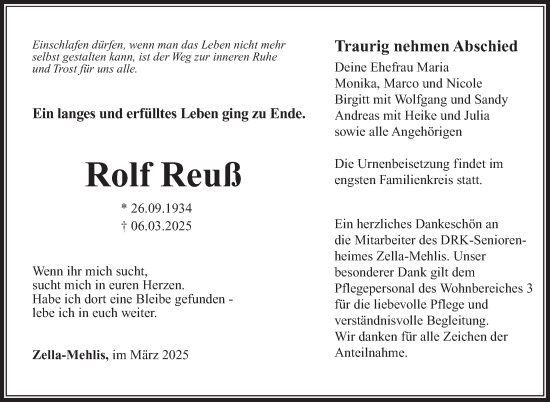 Traueranzeige von Rolf Reuß von Südthüringer Presse