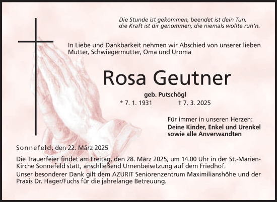 Traueranzeige von Rosa Geutner von Neue Presse Coburg