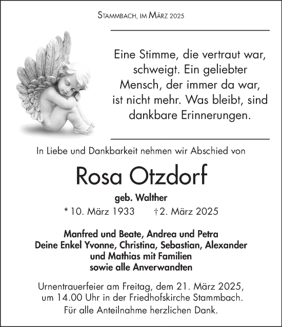 Traueranzeige von Rosa Otzdorf von Frankenpost