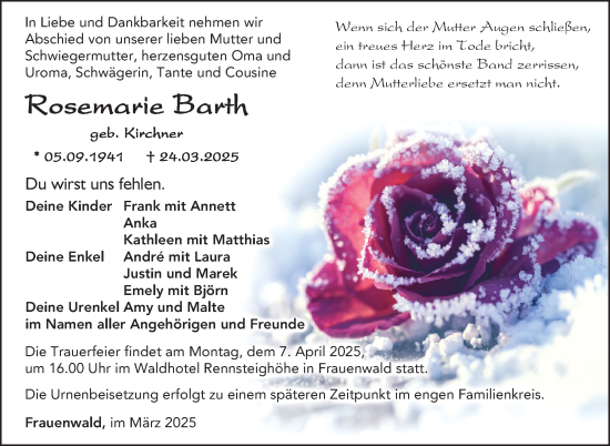 Traueranzeige von Rosemarie Barth von Südthüringer Presse