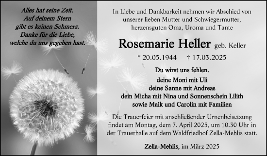 Traueranzeige von Rosemarie Heller von Südthüringer Presse