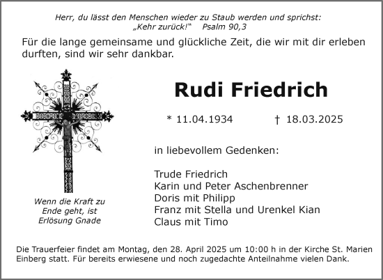 Traueranzeige von Rudi Friedrich von Neue Presse Coburg