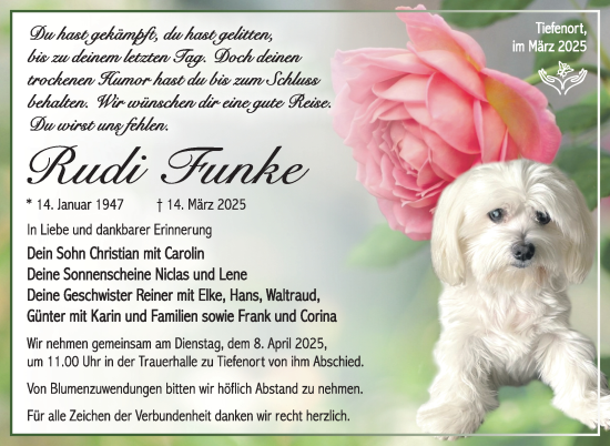 Traueranzeige von Rudi Funke von Südthüringer Presse