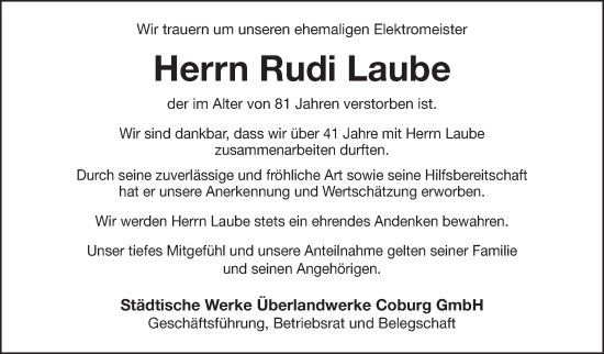 Traueranzeige von Rudi Laube von Neue Presse Coburg