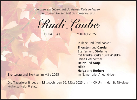 Traueranzeige von Rudi Laube von Neue Presse Coburg