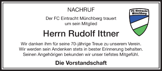 Traueranzeige von Rudolf Ittner von Frankenpost