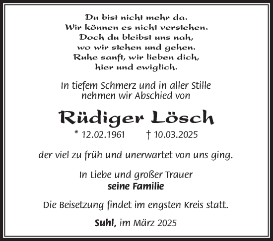 Traueranzeige von Rüdiger Lösch von Südthüringer Presse