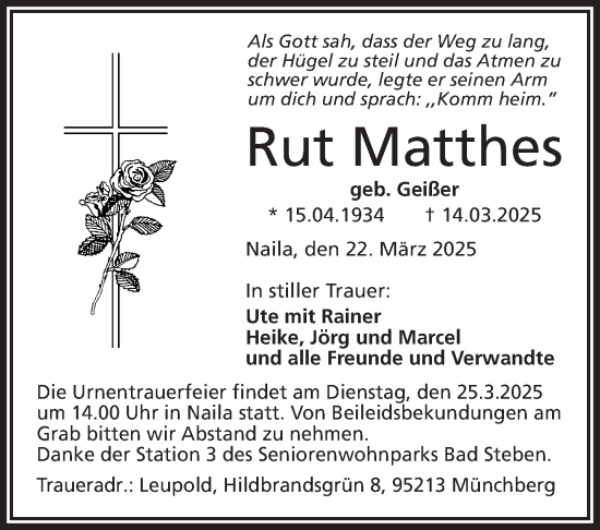 Traueranzeige von Rut Matthes von Frankenpost