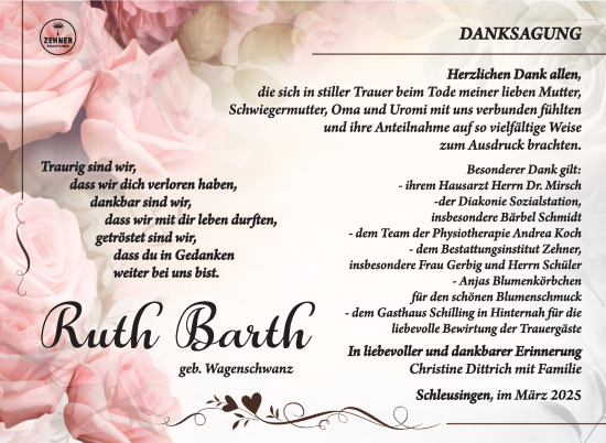 Traueranzeige von Ruth Barth von Südthüringer Presse