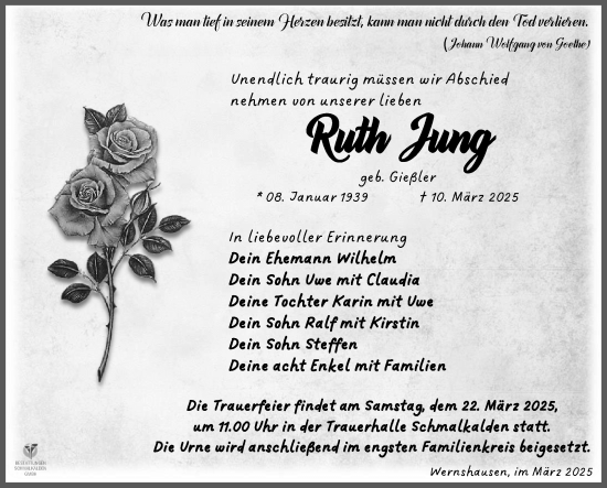 Traueranzeige von Ruth Jung von Südthüringer Presse