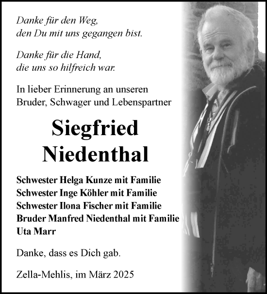Traueranzeige von Siegfried Niedenthal von Südthüringer Presse