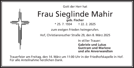 Traueranzeige von Sieglinde Mahir von Frankenpost