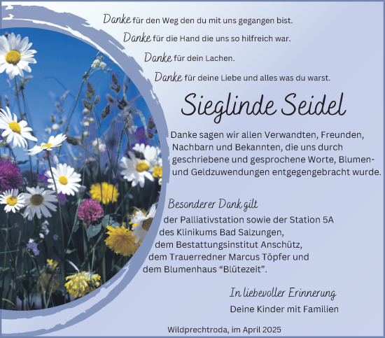 Traueranzeige von Sieglinde Seidel von Südthüringer Presse