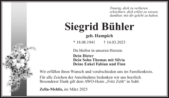 Traueranzeige von Siegrid Bühler von Südthüringer Presse