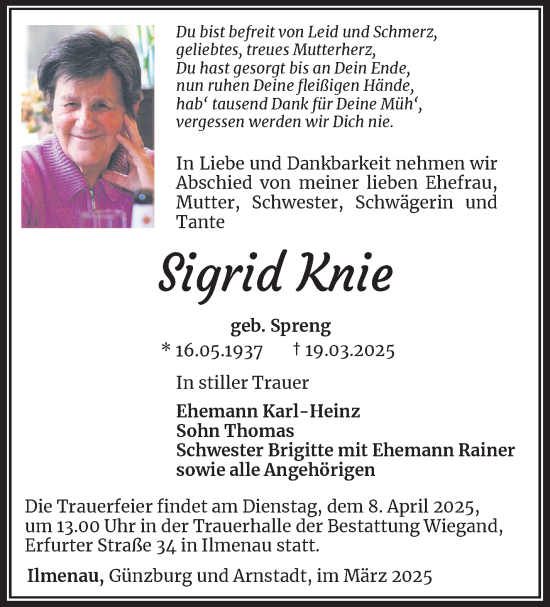 Traueranzeige von Sigrid Knie von Südthüringer Presse