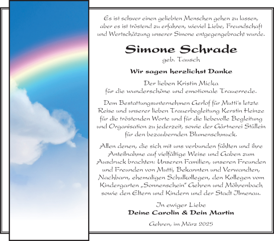 Traueranzeige von Simone Schrade von Südthüringer Presse