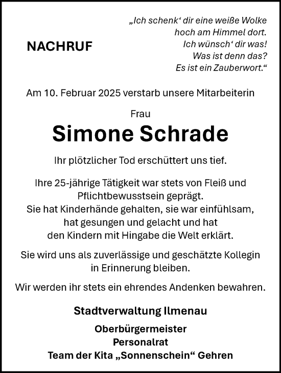 Traueranzeige von Simone Schrade von Südthüringer Presse
