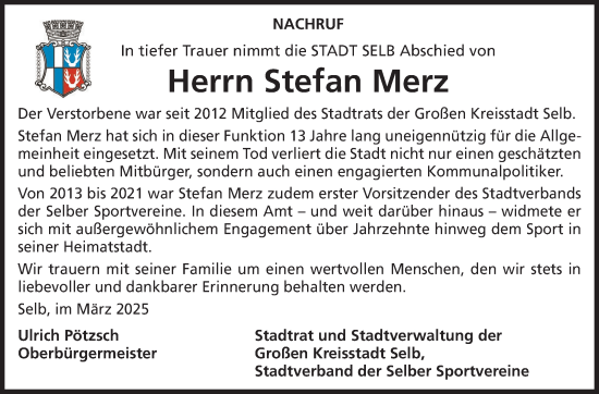 Traueranzeige von Stefan Merz von Frankenpost