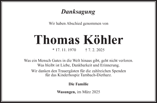 Traueranzeige von Thomas Köhler von Südthüringer Presse