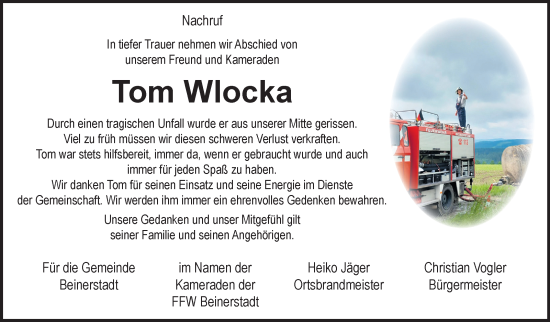 Traueranzeige von Tom Wlocka von Südthüringer Presse