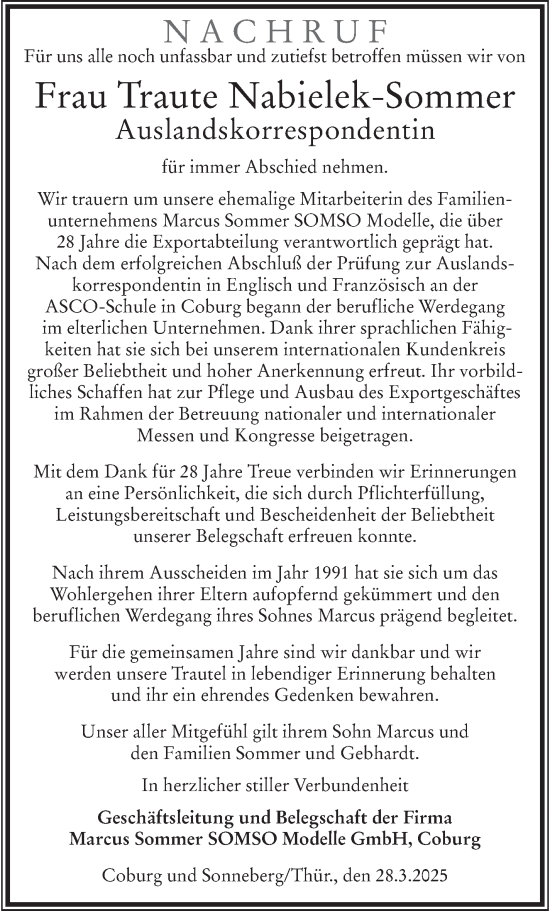 Traueranzeige von Traute Nabielek-Sommer von Neue Presse Coburg