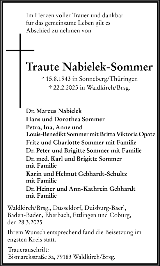 Traueranzeige von Traute Nabielek-Sommer von Neue Presse Coburg