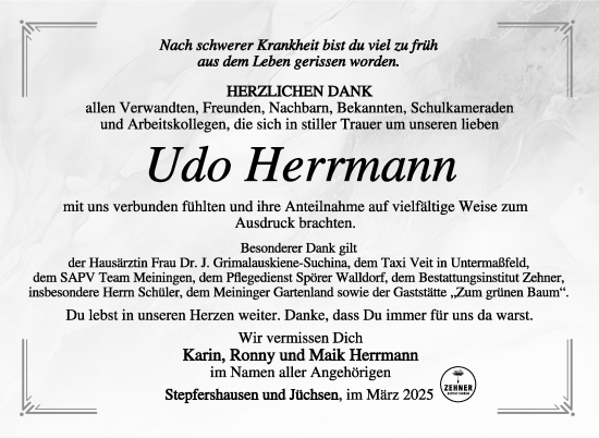 Traueranzeige von Udo Herrmann von Südthüringer Presse