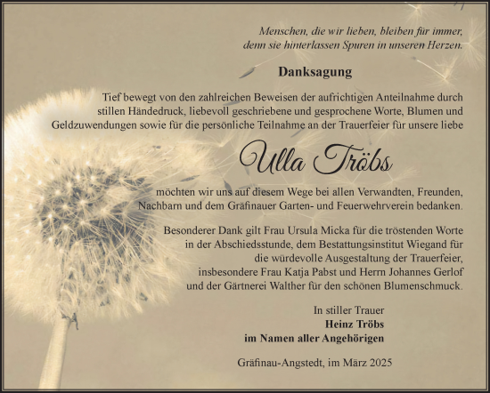 Traueranzeige von Ulla Tröbs von Südthüringer Presse