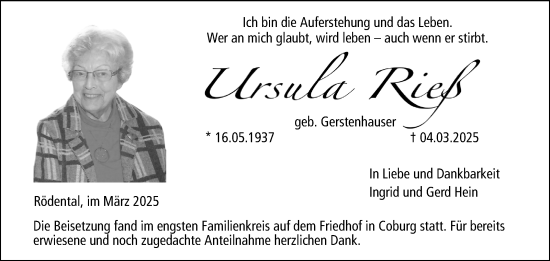 Traueranzeige von Ursula Rieß von Neue Presse Coburg