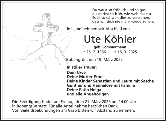 Traueranzeige von Ute Köhler von Frankenpost
