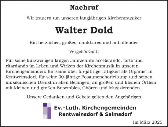 Traueranzeige von Walter Dold von Neue Presse Coburg