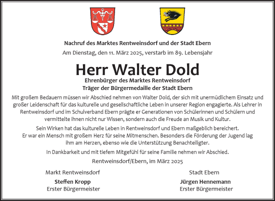 Traueranzeige von Walter Dold von Neue Presse Coburg