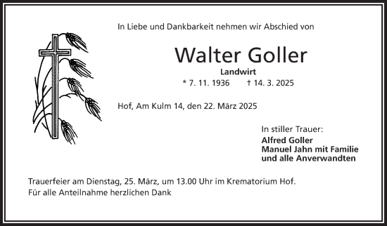 Traueranzeige von Walter Goller von Frankenpost