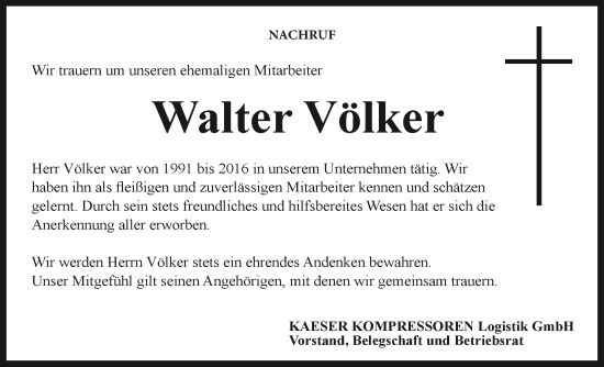 Traueranzeige von Walter Völker von Neue Presse Coburg