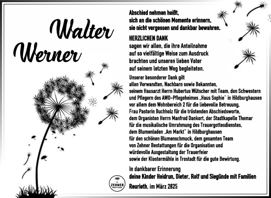 Traueranzeige von Walter Werner von Südthüringer Presse