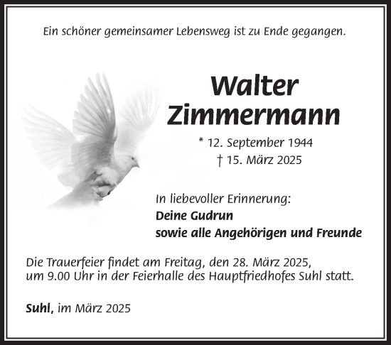 Traueranzeige von Walter Zimmermann von Südthüringer Presse