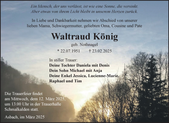 Traueranzeige von Waltraud König von Südthüringer Presse