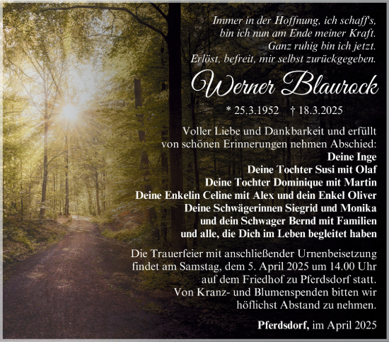 Traueranzeige von Werner Blaurock von Südthüringer Presse